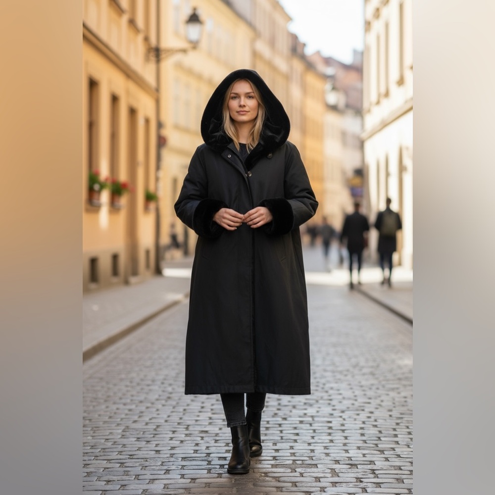 Vintage Women’s Apropos Black Faux Fur Lined Long Raincoat Size 13